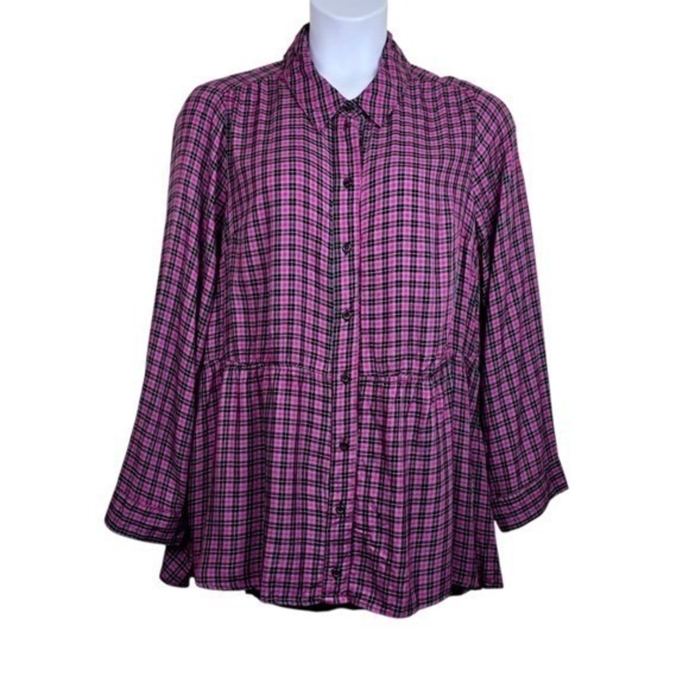 Lane Bryant Womens Long Sleeve Magenta Teal Black Plaid Shirt Size 24 NWT